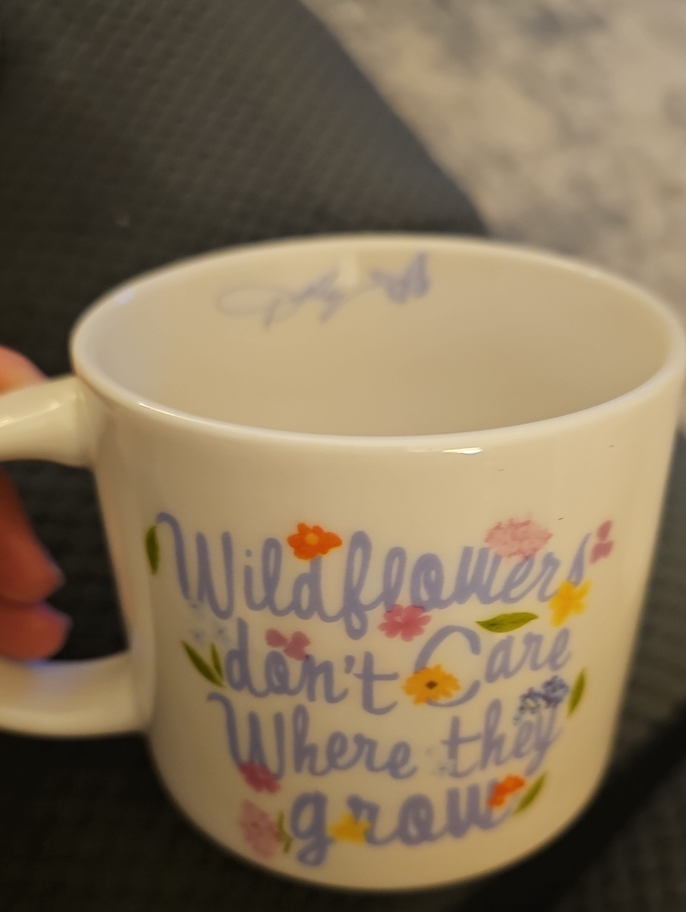 Dolly's White Mug w/ Lavender Script and Multicolor Floral Accents 'Wildflowers'